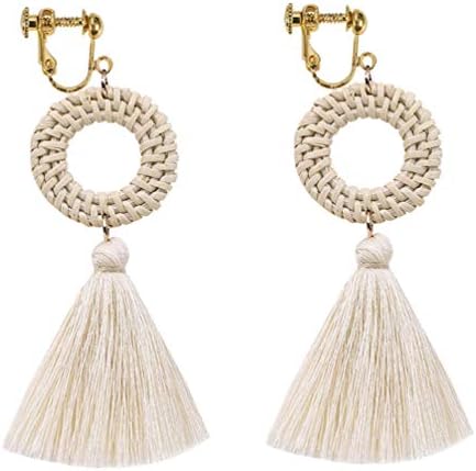Bohemian Thread Tassel Dangle Clip on Earrings no Pierced for Women Lightweight Fringe Straw Rattan White