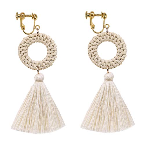 Bohemian Thread Tassel Dangle Clip On Earrings No Pierced For Women Lightweight Fringe Straw Rattan White #TOP3