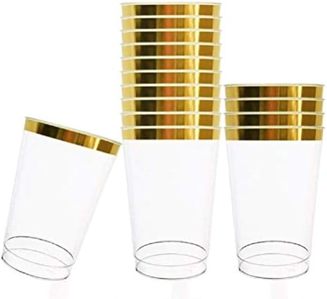 Tebery 100 Pack 12oz Gold Rimmed Plastic Cups, Clear Crystal Plastic Tumblers Cups, Resuable Plastic Shot Glasses, Wedding Cups Elegant Party Cups, 350 ML