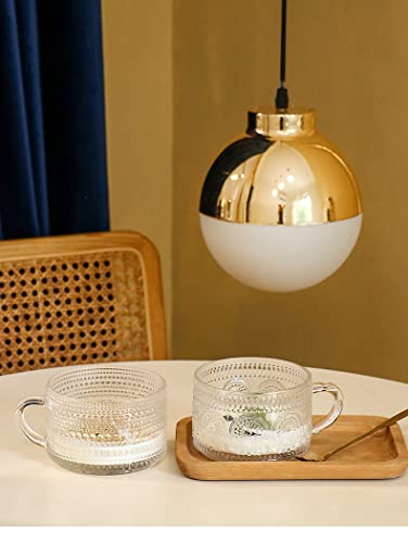 Amzcku Vintage Coffee Tea Cups, Glass Mugs With Spoon And Coasters 14 Oz Set Of 2 Embossed Glassware With Handle, For Cappuccino, Latte, Cereal, Yogurt, Beverage Hot/Cold, Milk #TOP4