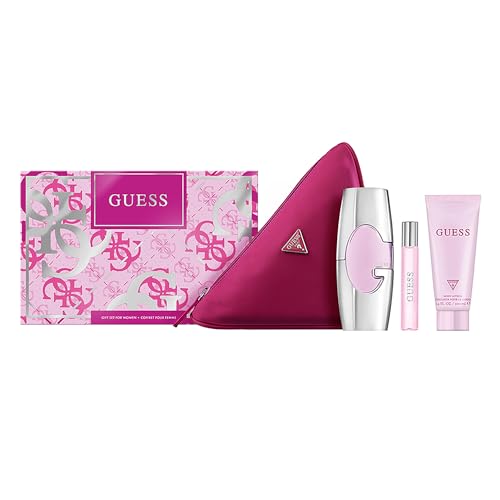 Guess Woman Eau de Parfum 4 Piece Gift Set - Perfume Spray 2.5 Fl. Oz., Travel Size Perfume Spray 0.5 Fl. Oz., 3.4 Fl. Oz. Body Lotion, & Pouch