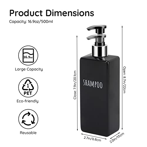 Image of Segbeauty Shower Soap Dispenser Black, 3pcs 16.9oz Empty Refillable Bathroom Press Pump Bottles, 500ml Reusable Plastic Square Shampoo Conditioner Body Soap Dispenser Set for Modern Kitchen Home Decor