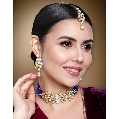 Image of Peora Gold Plated Bridal Crystal Pearl Choker Necklace with Drop Earrings Traditional Jewellery Set for Women