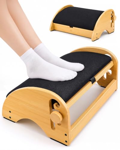 Bulado Wooden Foot Rest Under Desk, 4 Adjustable Heights Ergonomic Footrest with Non-Slip Surface, Under Desk Footrest with Memory Foam, Stable Foot Stool for Office & Home Use