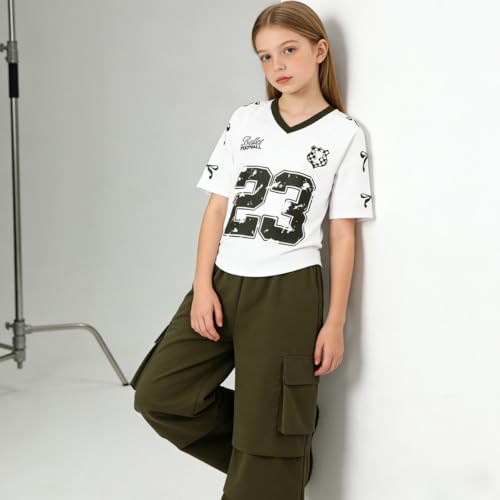 Image of Tween Girls Clothes Short Sleeve Graphic T-Shirt Top + Cargo Pants 2pcs Outfit Set, Size 7-15Years