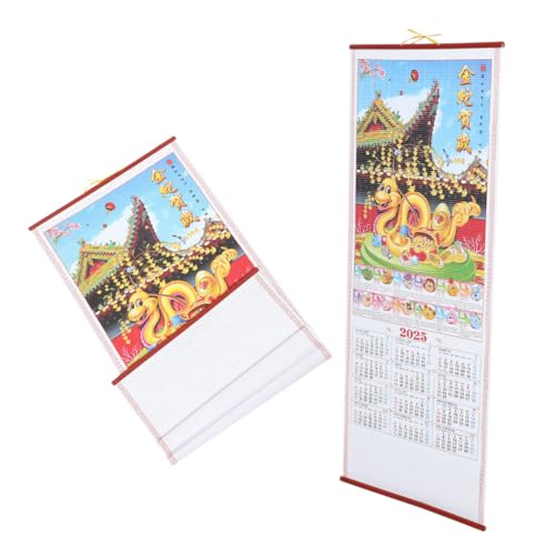 OUNONA 2個年蛇年壁掛けカレンダー 伝統風水模造籐巻物デザイン 太陰暦対応 月間日付表示 耐久厚手素材使用 家 オフィス用装飾