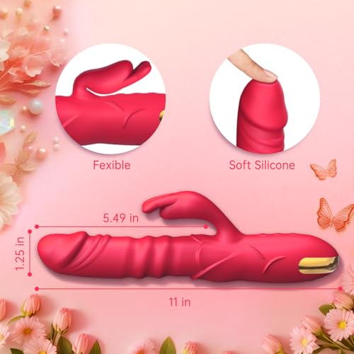 Image of Thrusting Rabbit Vibrator Sex Toys, G Spot Clitoral Vibrator Waterproof & Rechargeable Realistic Silicone Dildo Vibrator with 3 Thrusting & 10 Vibrating Modes, Rose Sex Toys for Women