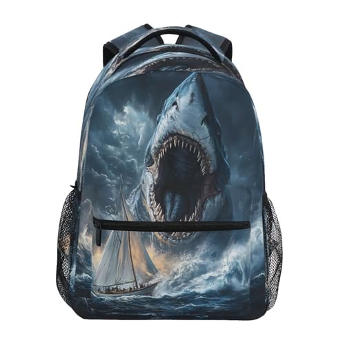 Shark Fish Boat Ocean Backpack for School Boys Girls Adults Kids Bookbag Laptop Bag 15L