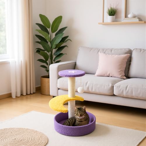 Image of Astra 3-Level Cat Tree for Indoor Cats & Kittens | Cute Star Cat Scratching Post Tower with Pom-Pom Toy, Perch & Cozy Base | Aesthetic Cat Furniture for Indian Homes