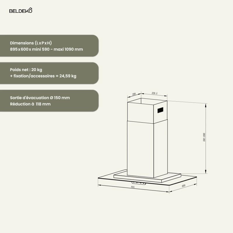 BELDEKO Hotte Îlot 90 cm Inox 556 m3/h 3 Vitesses - Marque Française