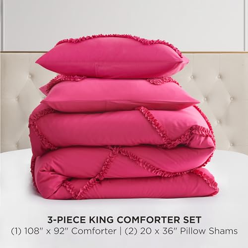Image of Juicy Couture Diamond King Comforter Set - Ruffle 3-Piece Machine Washable Reversible Bedding Comforter Set, Hot Pink