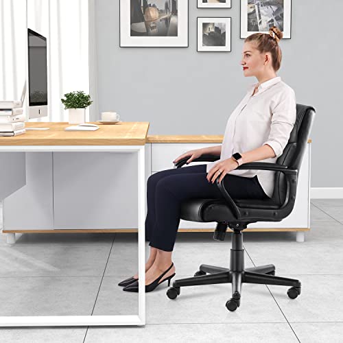 Office Chair, Leather Executive Office Chair Mid Back Soft Comfy Ergonomic Desk Chair,Swivel Rolling Task Chair,Adjustable Height& Tilt Home Office Chair With Wheels Padded Armrest,Black #TOP1