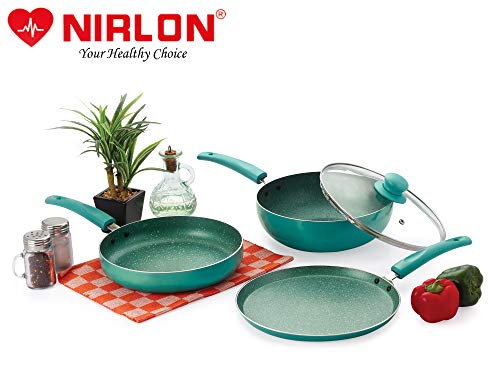 Image of Nirlon Galaxy 4-Piece Aluminium Non Stick Dishwasher Safe Induction Cookware Gift Set with Glass Lid, Green (Compatible with All Induction, Gas & stovetops Only)