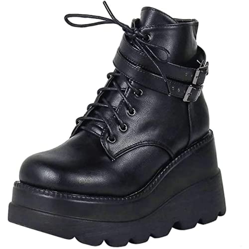 Women's High Heel Combat Boots Square Toe Lace up Zip High Heel Wedge Boots Chunky Platform Ankle Boots for Women