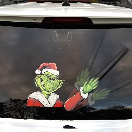 Grim Santa Green Waving Arm Winter Christmas Holiday WiperTag with Decal attaches to rear vehicle wiper blade. Suitable for left or right side. Interchangeable with hundreds of designs. Made in USA.