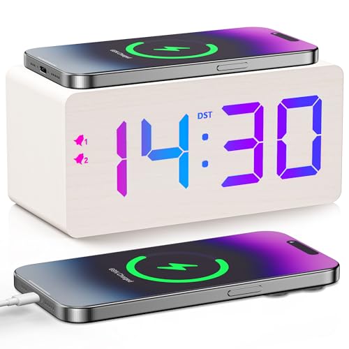 URAYCO Wooden Digital Alarm Clock with Fast Wireless Charger, Dual USB Charging Ports, DST, Dimmable, Snooze, RGB Large Number Display LED Clock for Bedrooms, Living Room, Desk, Table, Bedside(White)