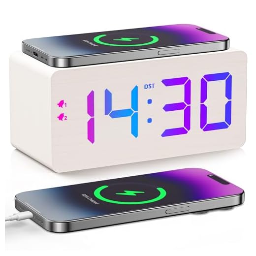 URAYCO Wooden Digital Alarm Clock with Fast Wireless Charger, Dual USB Charging Ports, DST