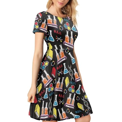 Image of POLERO Women Puffy Swing Elegant Party Midi Dresses Short Sleeve Round Neck A-Line Dress