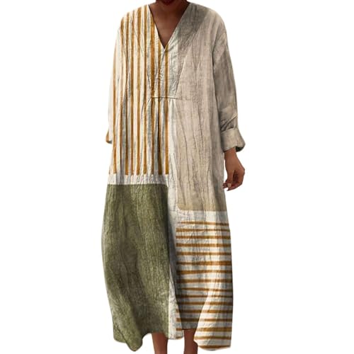 Vestido Boho Mujer Chic de Lino con Cuello en V Manga Larga Estampado Floral, Vestido Maxi Casual Elegante para Diario Playa Viajes Primavera Verano, Suelto y Transpirable Tallas Grandes