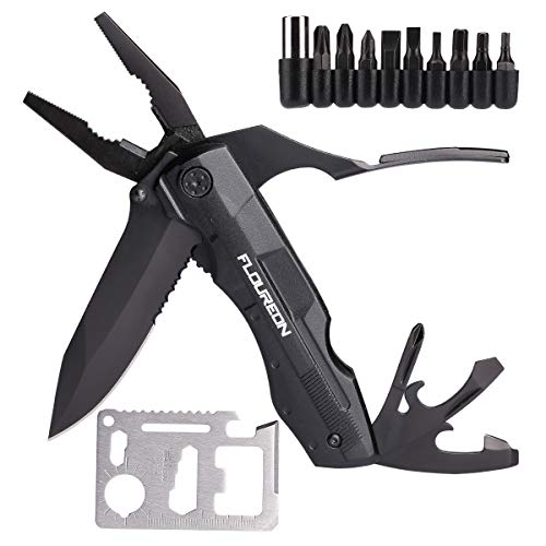 FLOUREON Multitool 23-in-1 Folding Pocket Knife, Stainless Steel Pliers, Knife, Mini Screwdriver, Cable Cutter, File, Sheath and Bit Set, Multipurpose Toolkit for Camping, Fishing, Survival, Hunting