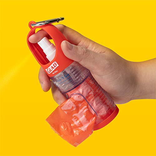 Image of Glad for Pets Clean and Go Waste Bag Dispenser with Sanitizer, 15 Count | Leash-attachable holder, includes mini aloe hand sanitizer spray, tropical breeze scent, for daily walks