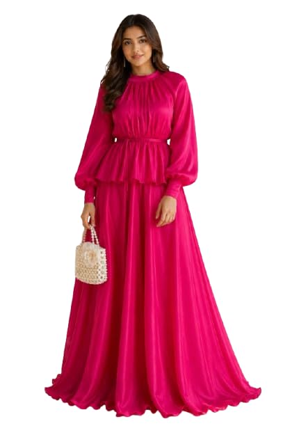 Rani Viscose no Transparency Umbrella Pattern Gown ShirtStyle Cuffs Puff Sleeve Pattern with Belt Back Zip Opening Gown-picture-17
