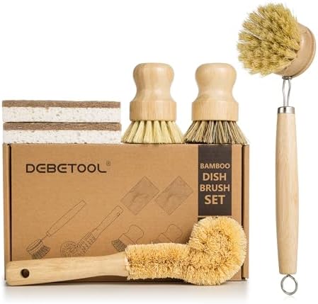 6 Piece Bamboo Dish Brush Set with Coconut Sponge - Wooden Dish B...