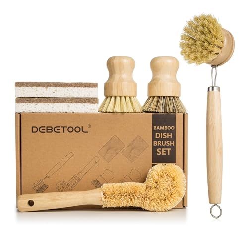 DEBETOOL 6 Piece Bamboo Dish Brush Set with...