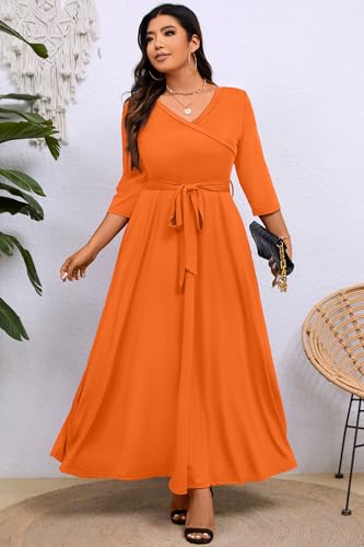 Image of Runwind Plus Size Dress for Women - 3 /4 Sleeve V Neck Maxi Dresses for Women (XL-6XL)