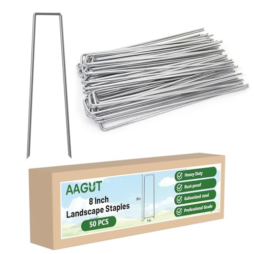 AAGUT Landscape Staples 8 Inch 11 Gauge Garden Staples 50 Pack Galvanized Heavy Duty U-Shaped Sod Pins Yard Ground Lawn Fence Stakes for Weed Barrier Fabric Irrigation Tubing