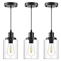 Industrial Pendant Lights, Modern Clear Glass Shade Pendant Lighting, Black Pendant Light Fixtures Ceiling Light, Farmhouse Pendant Lighting for Kitchen Island Hallway Porch Corridor Bedroom, 3-Pack