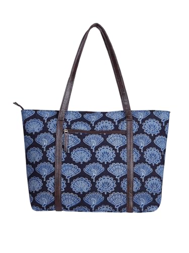 Image of NEPRI Oversized Office Tote Bag | Stylish Tote Bags | Purse for Women | Vegan Leather & Hanblock Printed Fabric Handbag with Double Handle Shoulder Strap| Daily & Travel Use
