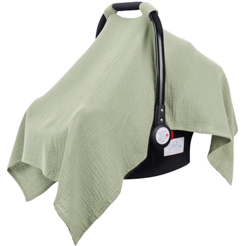 Image of Metplus Muslin Car Seat Cover for Babies, 100% Cotton Breathable Infant Carseat Canopy for Summer, Lightweight Stroller Sunshade Covers for Newborns (Sage)