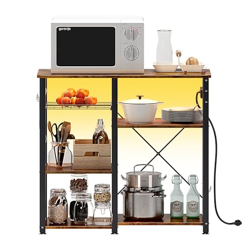 sogesfurniture 3-Tier Kitchen Baker’s Rack with Power Outlet & USB Ports,Utility Microwave Oven Stand Storage Cart, LED Kitchen Storage Cart Workstation Shelf with 5 S-Hooks,Rustic Brown