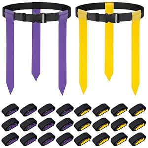Flag Football Belts – Complete 14 Players (2 teams 7 vs. 7) Adjustable Buckle Foot Balls Flag Belts and 42 Flags Sport Training Gear Equipment Accessories for Little, Youth, Adults – Purple & Yellow