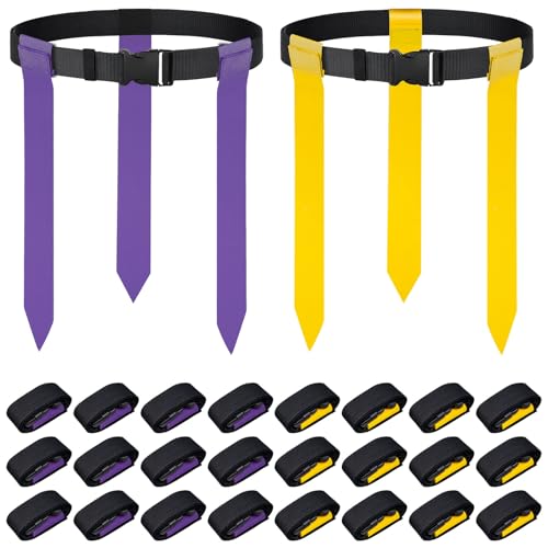 Flag Football Belts – Complete 14 Players (2 teams 7 vs. 7) Adjustable Buckle Foot Balls Flag Belts and 42 Flags Sport Training Gear Equipment Accessories for Little, Youth, Adults – Purple & Yellow