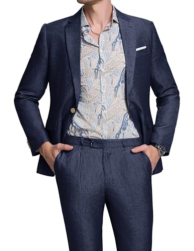 Men 2 Piece Suit Set Tencel Linen Men Suit Blazer Pants Lightweight Slim Fit Prom Tuxedo for Summer Beach Wedding