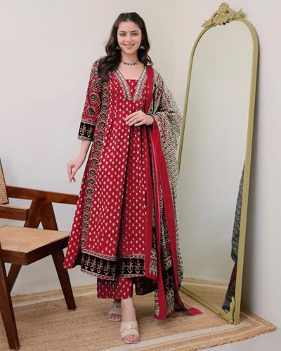 Image of ANNI Designer Women's Pure Cotton Anarkali Kurta Set for Women with Dupatta & Plazzo - Hand Block Print Suit Set | Stylish Dress | Cotton Kurta Set for Women