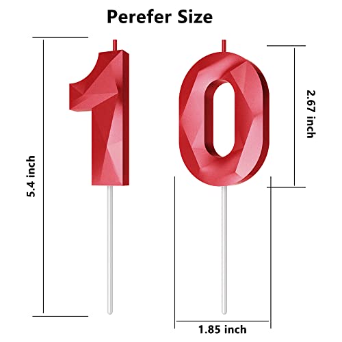 Number Birthday Candles(10 Candle Red) 3D Diamond Shape Number Happy Birthday Cake Candles for Birthday Party Wedding Decoration Reunions Theme Party