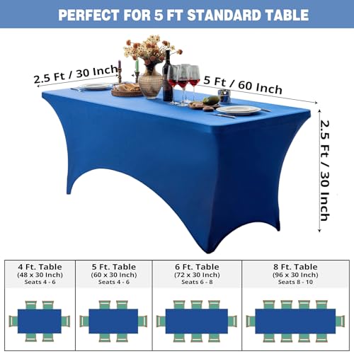 Image of FOLINS&HOME Royal Blue 5ft Fitted Water Resistant Tablecloth with Spandex | Washable Elastic Rectangle Table Cover for 5 Foot Folding Tables, Stretch Table Cloth for Weddings, Banquets, Parties