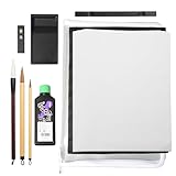 Japanese calligraphy set 9 parts, Shodo calligraphy pen (three brushes) and paper, inkstone and ink stick, non slip underlay, Paperweight, with clear case (White edge/Clear case)
