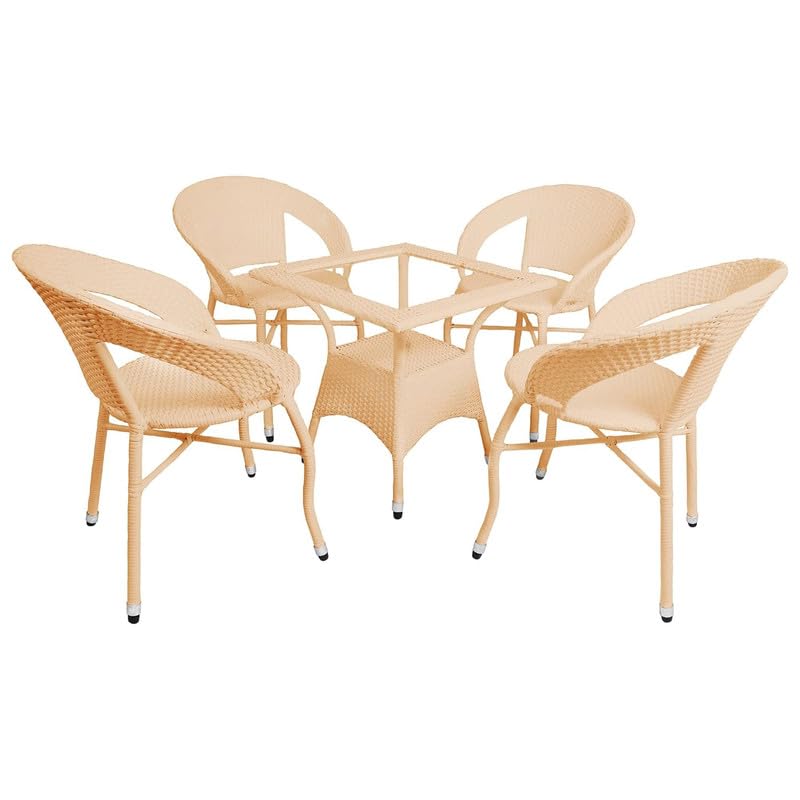 Image of Amazon Brand - Solimo Rattan Wicker 4 Seater Patio Seating Set | 4 Chair and 1 Square Glass Topped Table Set | Coffee Table Furniture for Balcony, Garden, Terrace, Indoor, Outdoor Use (Cream)
