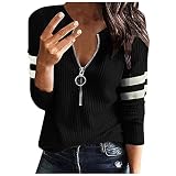LootenKun Pull Femme Col V Sexy Zipper Pas Cher À La Mode Hiver Chaud Tricot Pullover Jolie Chic Et Elegant À Manche Longue Rayé Épissage Casual Tendance Haut, Noir, XL