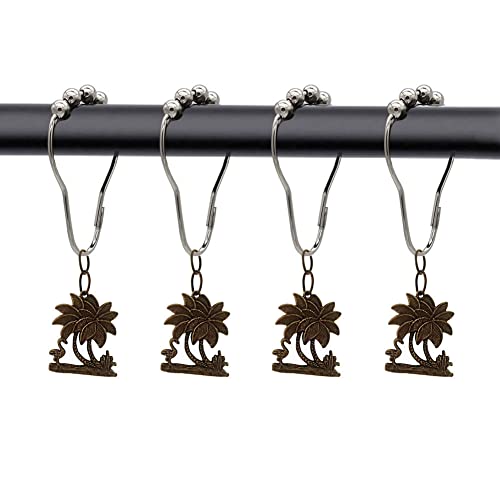 Shower Curtain Hooks with Palm Tree Pendant for Beach Seaside Summer Theme Decor Bathroom, Rust Proof Stainless Steel Decorative Shower Rings Set of 12 , Home Bathtub Decor Accessories (Bronze)