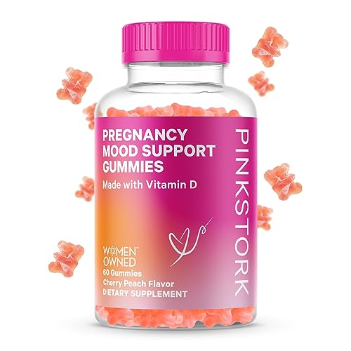 Image of Pink Stork Pregnancy Mood Gummies: Prenatal Vitamin D Gummy, Mood Support Supplement, Immune Support for Women, Pregnancy Must Haves, Chewable Vitamin D3, Women-Owned, 60 Cherry Peach Gummies