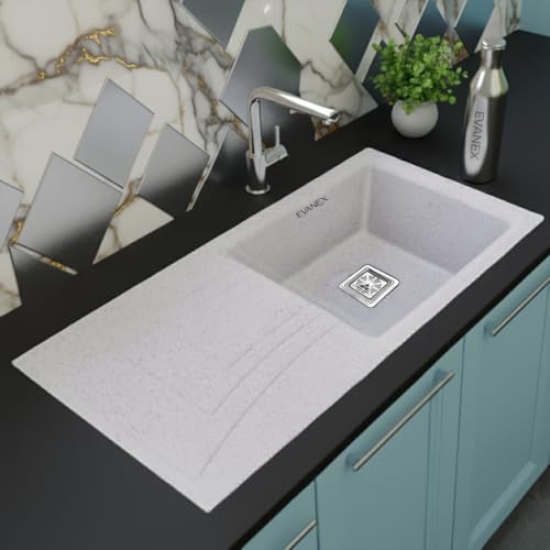 Image of EVANEX Quartz Sink for Kitchen|36x18x9 inch Kitchen Sink with Drain Board|Granite Sink for Kitchen Basin|Rosa Quartz Kitchen Sink with Connector, Waste Pipe, Coupling and Drain Basket