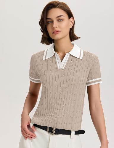 Image of Micoson Womens Short Sleeve Sweater Tops Lapel V Neck Polo Shirts 2026 Summer Cable Knit Loose Blouse Business Casual Outfits