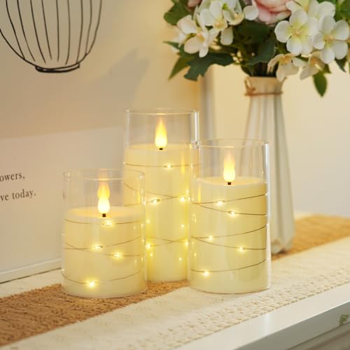 Image of Amagic LED Flameless Candles, Battery Operated Candles with Embedded Fairy Lights, Acrylic Fake Candles with Remote and Timer for Wedding Home Decor, Ivory White, Set of 3, D3 x H4 5 inch 6 inch