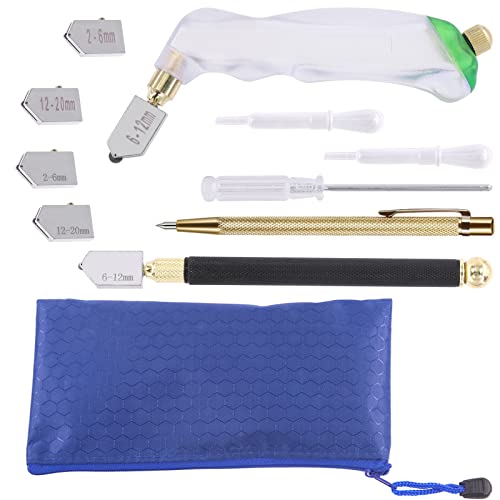 Tanstic 13Pcs Glass Cutting Tool Kit, Pistol Grip & Pencil Style Glass Cutter, 3 Sizes Cutter Heads(2-20mm), Tungsten Scribe Pen, Oil Dropper, Screwdriver with Blue Storage Bag for Glass Cutting