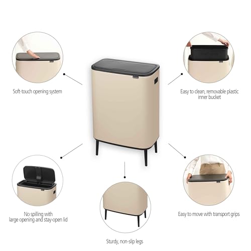 Image of Brabantia Bo Hi Touch Top Kitchen Trash Can with Single Compartment & Raised Legs | Soft Beige | 16 Gal Inner Bucket | Soft-Close, Light Touch Opening, Stay-Open Lid | + Trash Bags